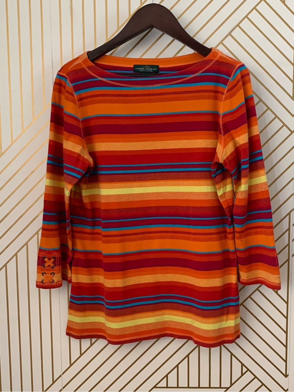 Ralph Lauren boat neck Y2K retro bright colorful striped top 3/4 sleeve Tee M